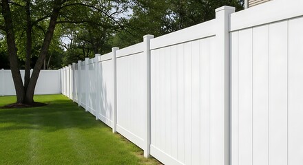 White vinyl fence in a residential backyard.