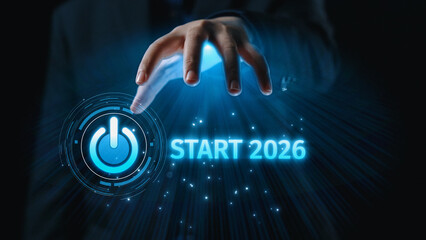 Start 2025 concept with futuristic power button symbolizing fresh beginnings, innovation, and digital transformation. Start 2025, new goals, and start 2025 initiative. Elide