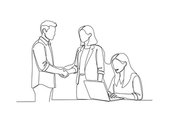 Business handshake between man and woman, line art