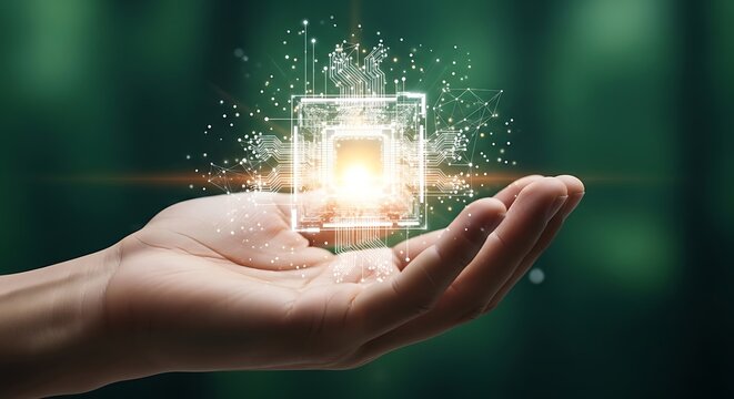 Hand holding a glowing microchip with digital particles and connections