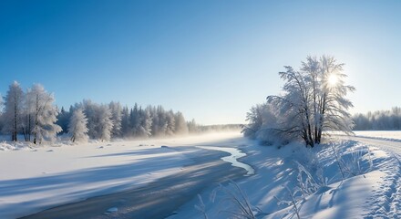 Obraz premium Winter Wonderland River Landscape with Bright Sun and Snow Covered Trees.
