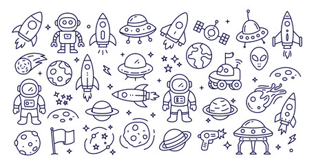Space doodle seamless pattern with astronaut, rocket, UFO, planets, stars, galaxy, alien, space elements vector illustration