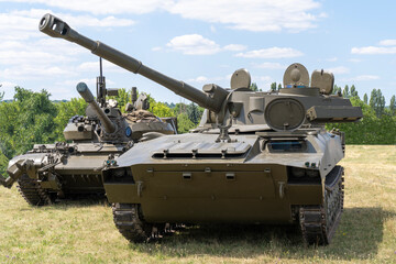 Russian self propelled howitzer on tracked chassis in open field