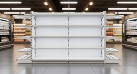 Bright Empty Retail Store Shelves in a Modern Supermarket Aisle Awaiting Product Stocking