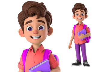 Obraz premium Delightful 3D cartoon student ready for school with a book and backpack, radiating youthful energy