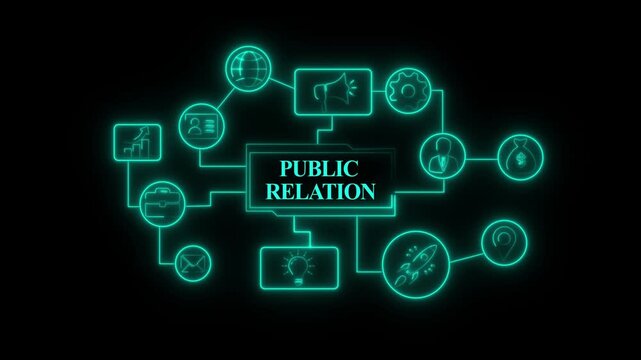 Glowing neon PUBLIC RELATION Product lifecycle management system technology concept. Technology, Internet and network concept PUBLIC RELATION Product lifecycle management system.