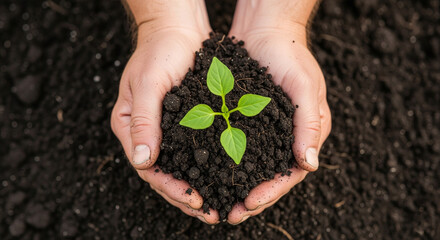 Hands holding soil with green seedling plant, concept of growth, sustainability, agriculture, organic farming, environment and ecology care