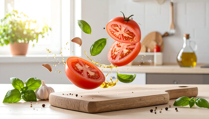 Fresh tomatoes and basil leaves are artfully arranged and suspended in mid-air above a wooden cutting board, with olive oil splashing around them in a bright, sunlit kitchen.