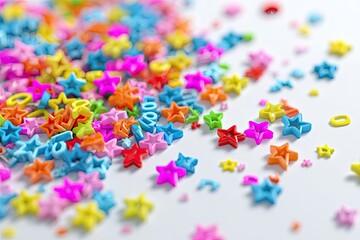 Colorful star-shaped confetti scattered on a white surface