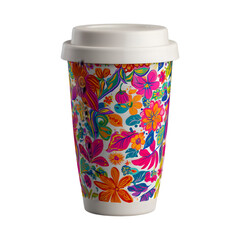 Vibrant floral patterned reusable coffee cup with a white lid isolated on transparent background