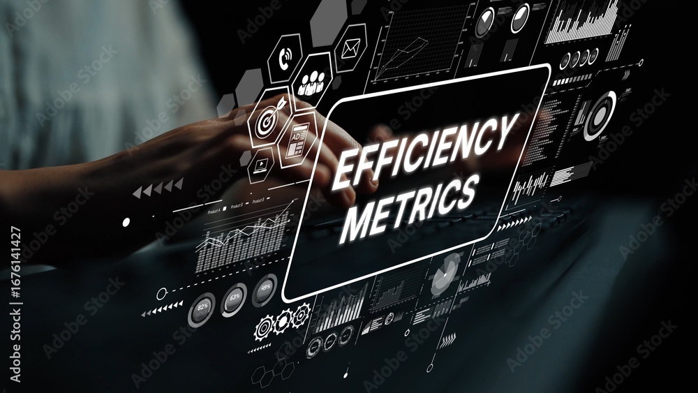 Poster data analysis and performance metrics visualization in a modern digital workspace with hands typing 