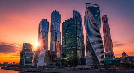 Obraz premium Spectacular Sunset Over Moscow City Modern Architecture Urban Skyline