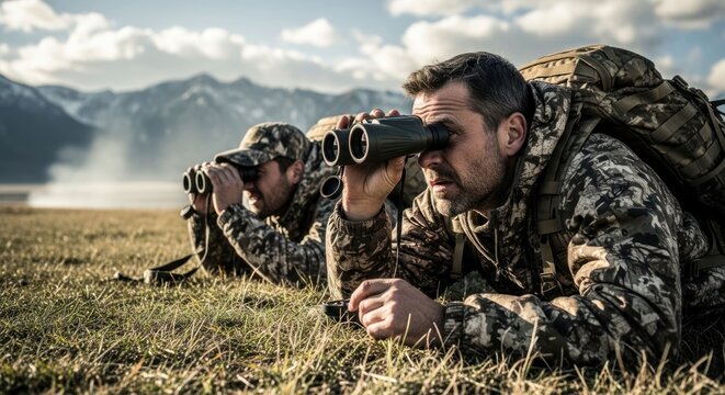 Two hunters, prone, using binoculars, watch for game in mountains