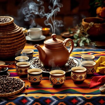 Ethiopian coffee ceremony setup, clay jebena pot with steaming cups
