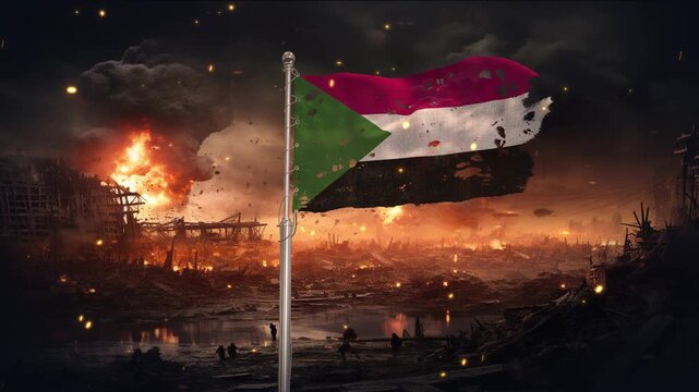 Sudan flag waving in war is torn