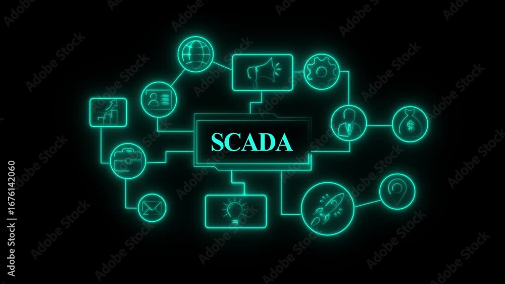 Poster glowing neon scada product lifecycle management system technology concept. technology, internet and 