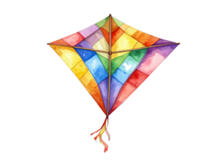 Hand-Painted Watercolor Diamond-Shaped Colorful Kite, Front View, isolated transparent background PNG
