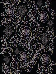 Seamless floral pattern with roses and ornate swirls in pastel gradient on black. Perfect for luxury packaging, textiles, invitations, and elegant backgrounds.