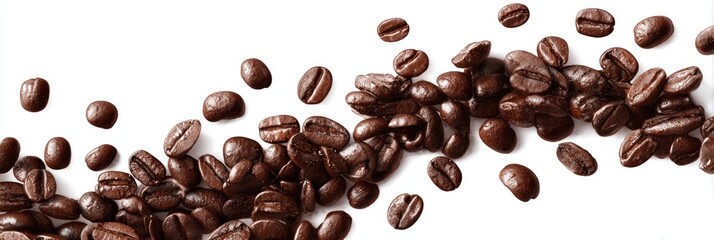 Obraz premium Roasted coffee beans scattered on a white background