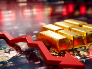 Declining market value signified by gold bars and a downward red trend line.