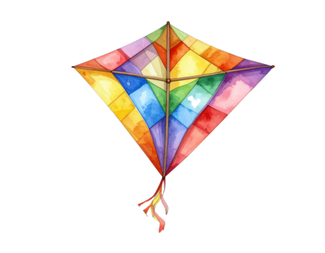 Hand-Painted Watercolor Diamond-Shaped Colorful Kite, Front View, isolated transparent background PNG