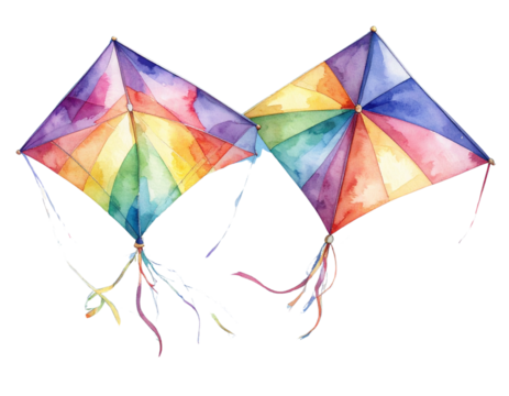 Watercolor Set of Two Overlapping Colorful Kites in the Sky, Artistic Cluster, isolated transparent background PNG - Powered by Adobe