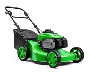 Fototapeta premium Bright green lawnmower, black details, isolated on white