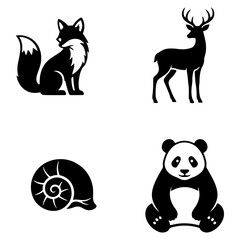 Obraz premium Illustration featuring a fox, deer, snail, and panda in a simple black and white design style image