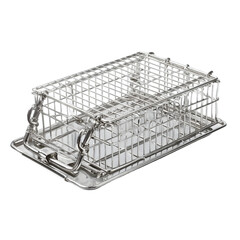 A detailed close up of a metal wire basket with a handle and tray for food preparation or storage isolated on transparent background