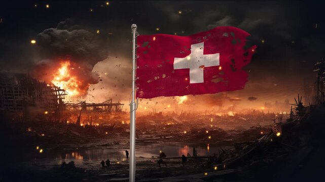 Switzerland flag waving in war is torn