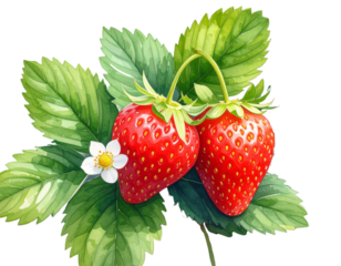 Pair of Watercolor Strawberries with Leaves and Small Blossom, Artistic Cluster, isolated transparent background PNG