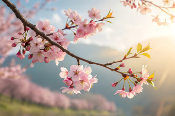 Obraz premium Cherry Blossom Branch in the sunlight: Delicate cherry blossom branch extends gracefully against the scenic background, showcasing the ephemeral beauty of spring.