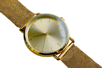 Elegant gold wristwatch isolated on transparent background close up shot
