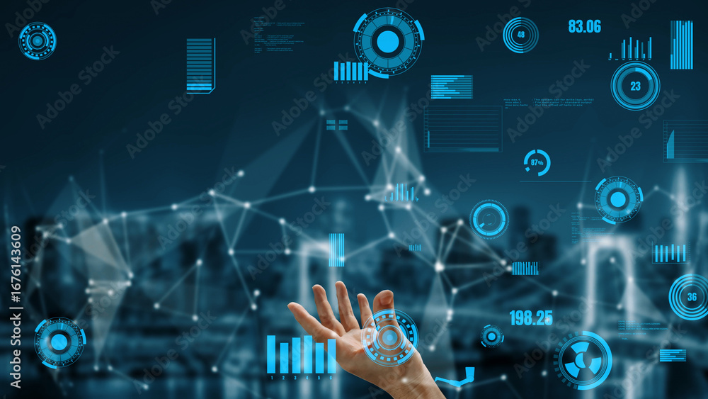 Aufkleber a hand reaches towards a futuristic digital interface showcasing various data visuals and graphs, sy