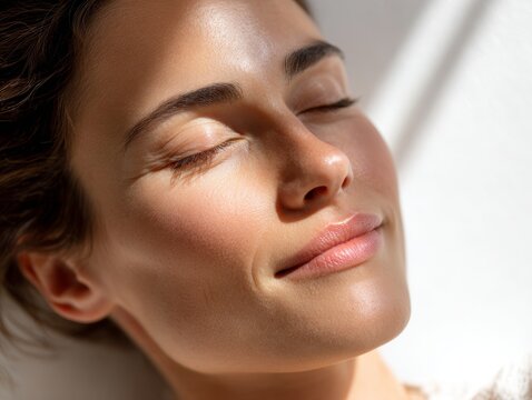 Peaceful woman resting with closed eyes in sunlight for wellness and relaxation concept