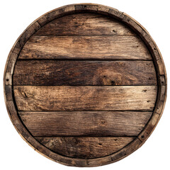 Rustic wooden barrel head with weathered planks and metal bands isolated on transparent background