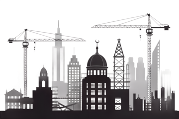 Silhouette Cityscape with Construction Cranes and Historic Buildings