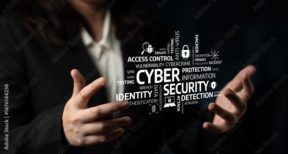 Poster a professional hands showcase key cyber security concepts in a modern context. words emphasize prote