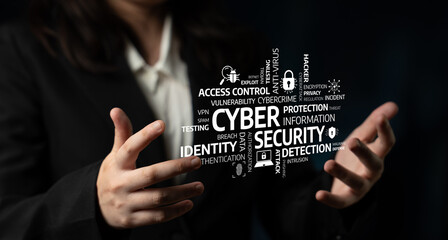 A professional hands showcase key cyber security concepts in a modern context. Words emphasize...