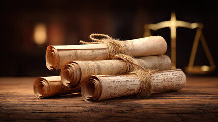 stack of rolled legal scrolls bound with twine on polished wood surface brass scales blurred in background soft vignette illustration concept scene visual for commercial design use high detail quality