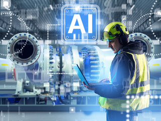 Engineer using laptop with AI technology in modern factory, digital monitoring, predictive maintenance, machine learning, automation. Manufacturing, Engineering, Artificial Intelligence.