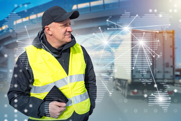Logistics manager in safety vest with tablet standing near truck, digital network map overlay,...