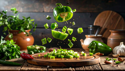 Dynamic shot of green bell peppers being chopped and flying in the air over a rustic wooden cutting board with fresh herbs and garlic.
