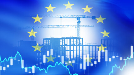 Construction site with cranes and buildings overlaid with European Union flag and financial chart, symbolizing economy, real estate, infrastructure, investment. Construction, Economy, Real estate © Grispb