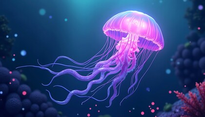 Fototapeta premium Glowing Jellyfish Floating Underwater with Tentacles in a Deep Blue Ocean