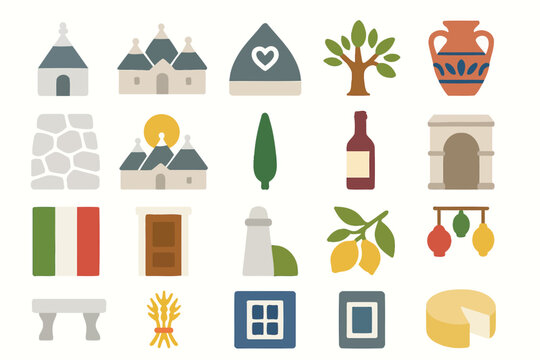 Alberobello Apulia Italy Icon Set Traditional Trulli Culture Travel Symbols
