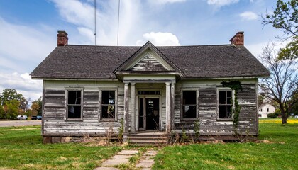 Abandoned Vintage House Surrounded by Overgrown Vegetation and Sky