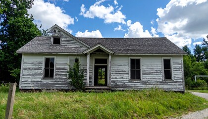 Abandoned Rustic House with Overgrown Grass and Blue Sky