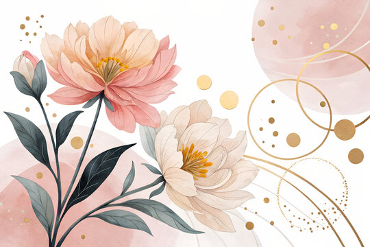 Elegant Floral Watercolor Illustration with Gold Accents