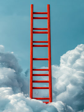 Surreal scene of a vibrant red ladder extending into the sky amidst fluffy clouds, creating a dreamlike atmosphere symbolizing aspiration and reaching for new heights